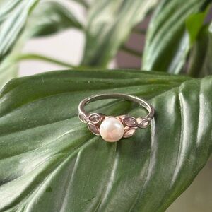 Sterling Silver Pearl Ring with Marquise Accents - White Pearl